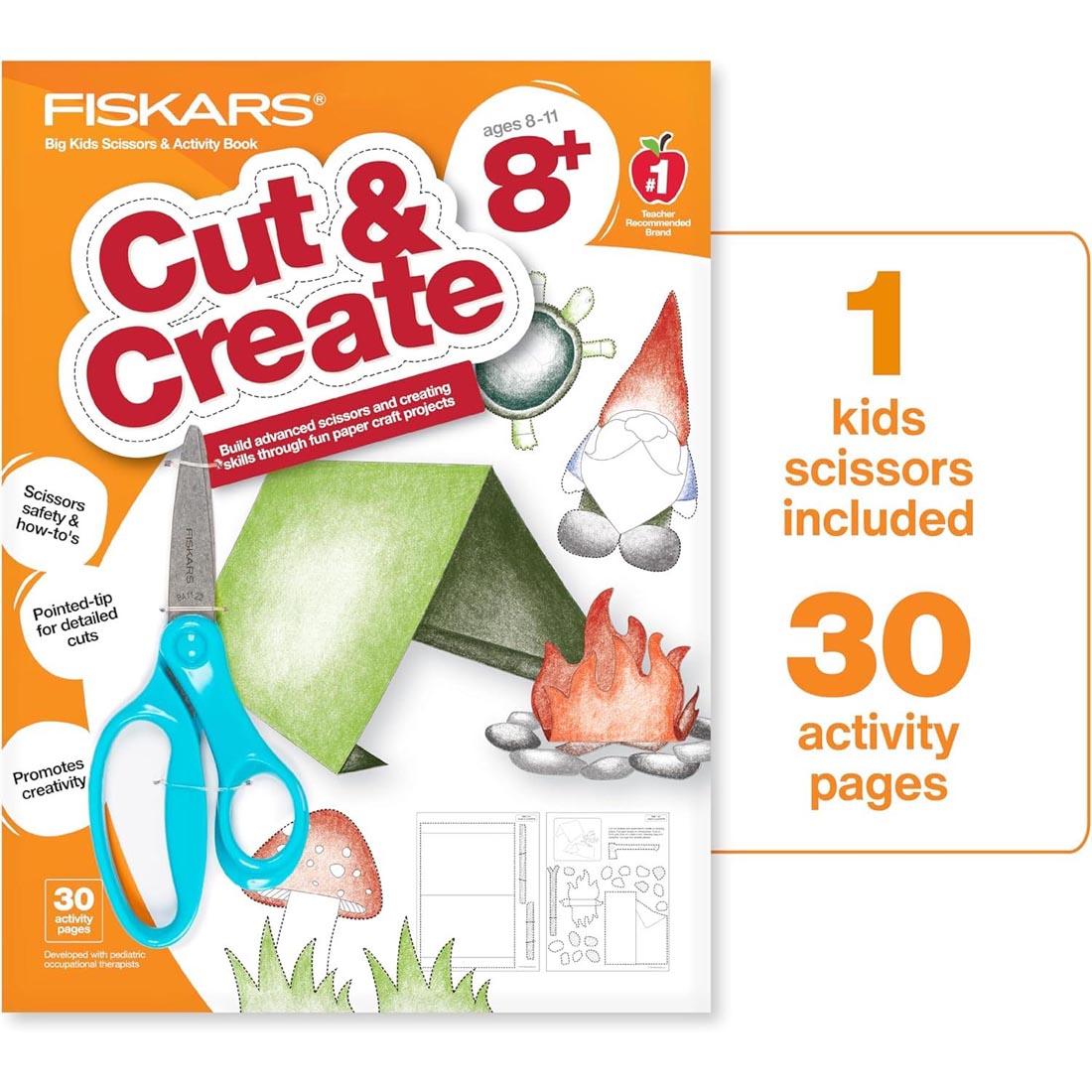 Front cover of Fiskars Cut & Create Activity Book and Scissors Set For Ages 8+ next to text: 1 kids scissors incuded; 30 activity pages