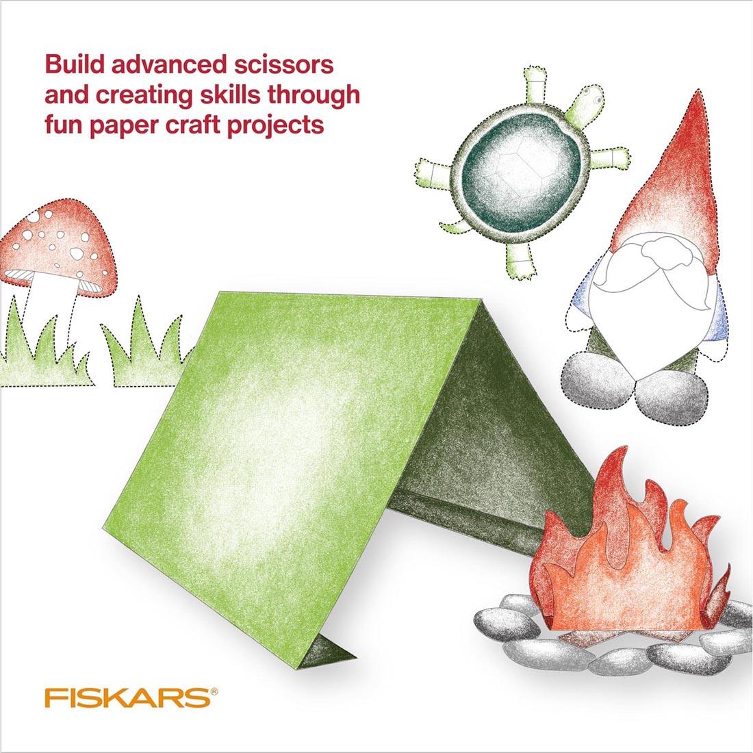sample projects from Fiskars Cut & Create Activity Book and Scissors Set with text: Build advanced scissors and creating skills through fun paper craft projects