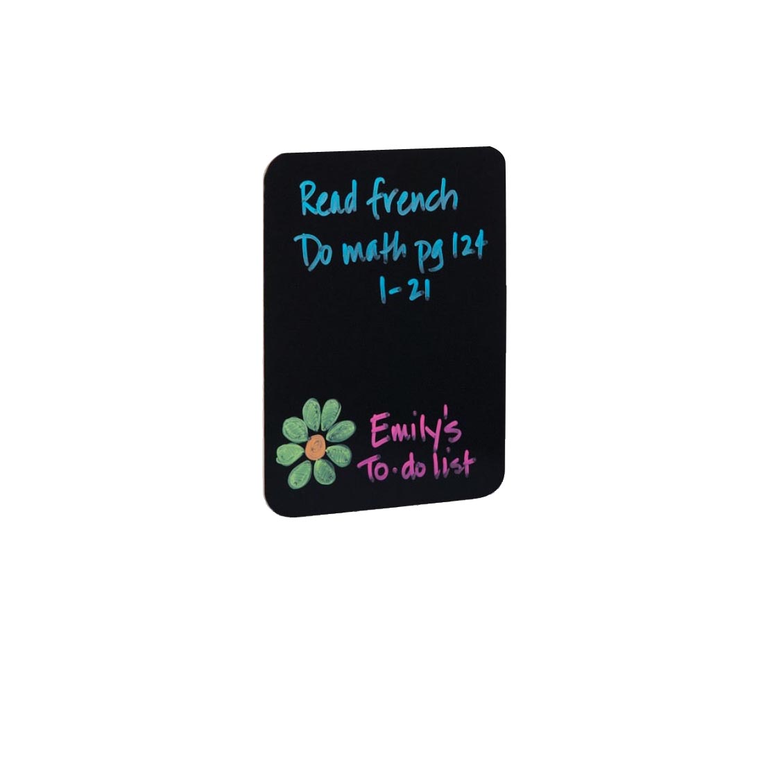 Black Dry Erase Board by Flipside with the message Read french, Do math pg124 1-12 Emily's To-do list