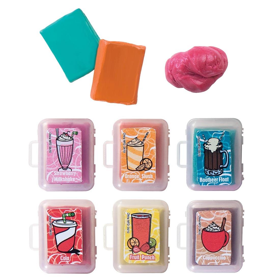 Snack Attack Scented Kneaded Erasers include strawberry milkshake, orange slush, rootbeer float, cola, fruit punch and cappuccino