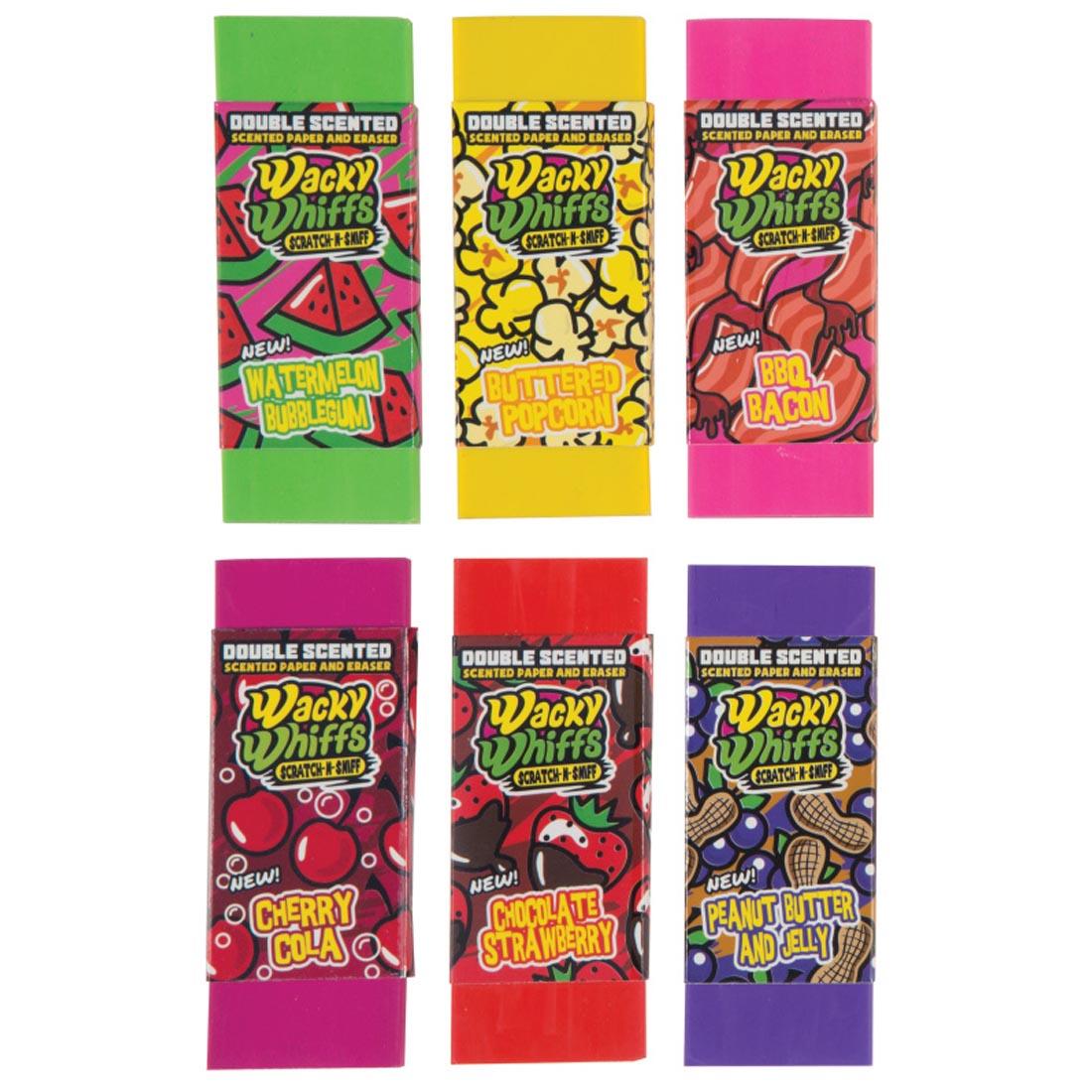 Wacky Whiffs Erasers include watermelon bubblegum, buttered popcorn, bbq bacon, cherry cola, chocolate strawberry and peanut butter and jelly