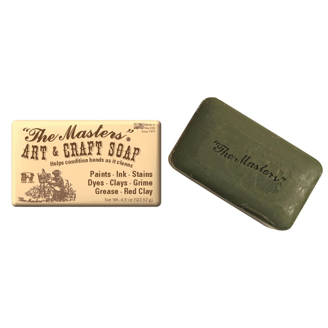 The Masters Hand Soap Bar shown both wrapped in packaging and without