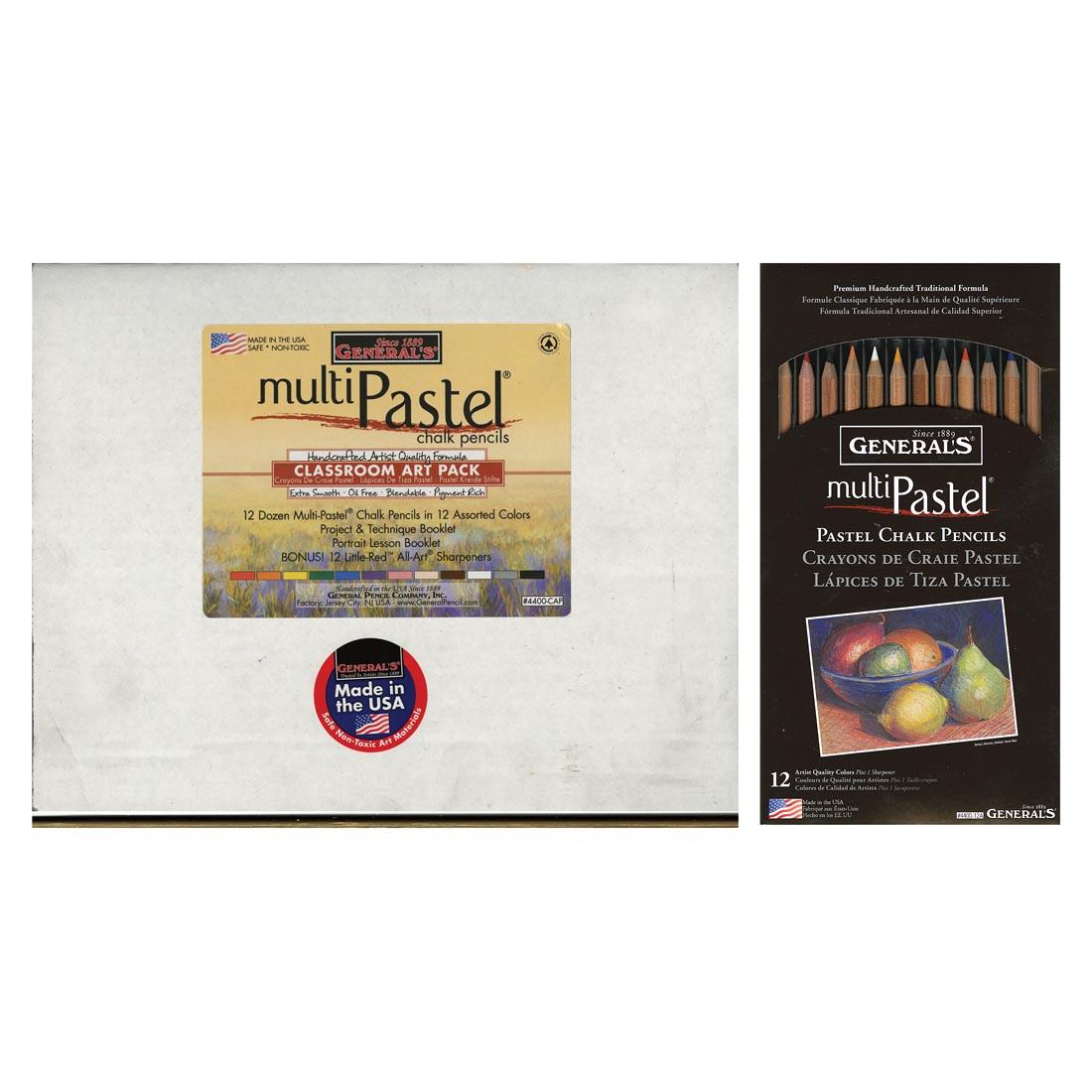 General's MultiPastel Chalk Pencils Classroom Art Pack Box, with one set of 12 pencils on the side