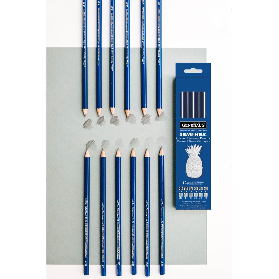 General's Semi-Hex Classic Graphite Drawing Pencils Set, with swatched of each pencil on gray paper