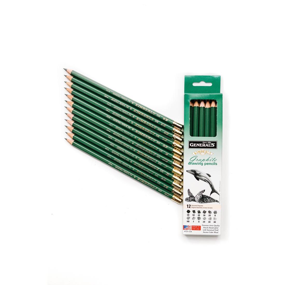 12 pencils from the General's Kimberly Graphite Drawing Pencil Set shown beside a full box
