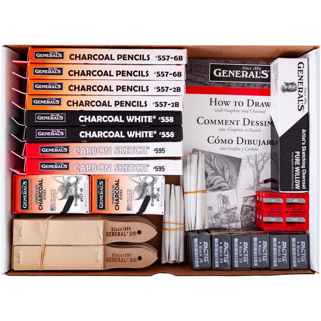 contents of General's Charcoal Classroom Art Pack shown inside box