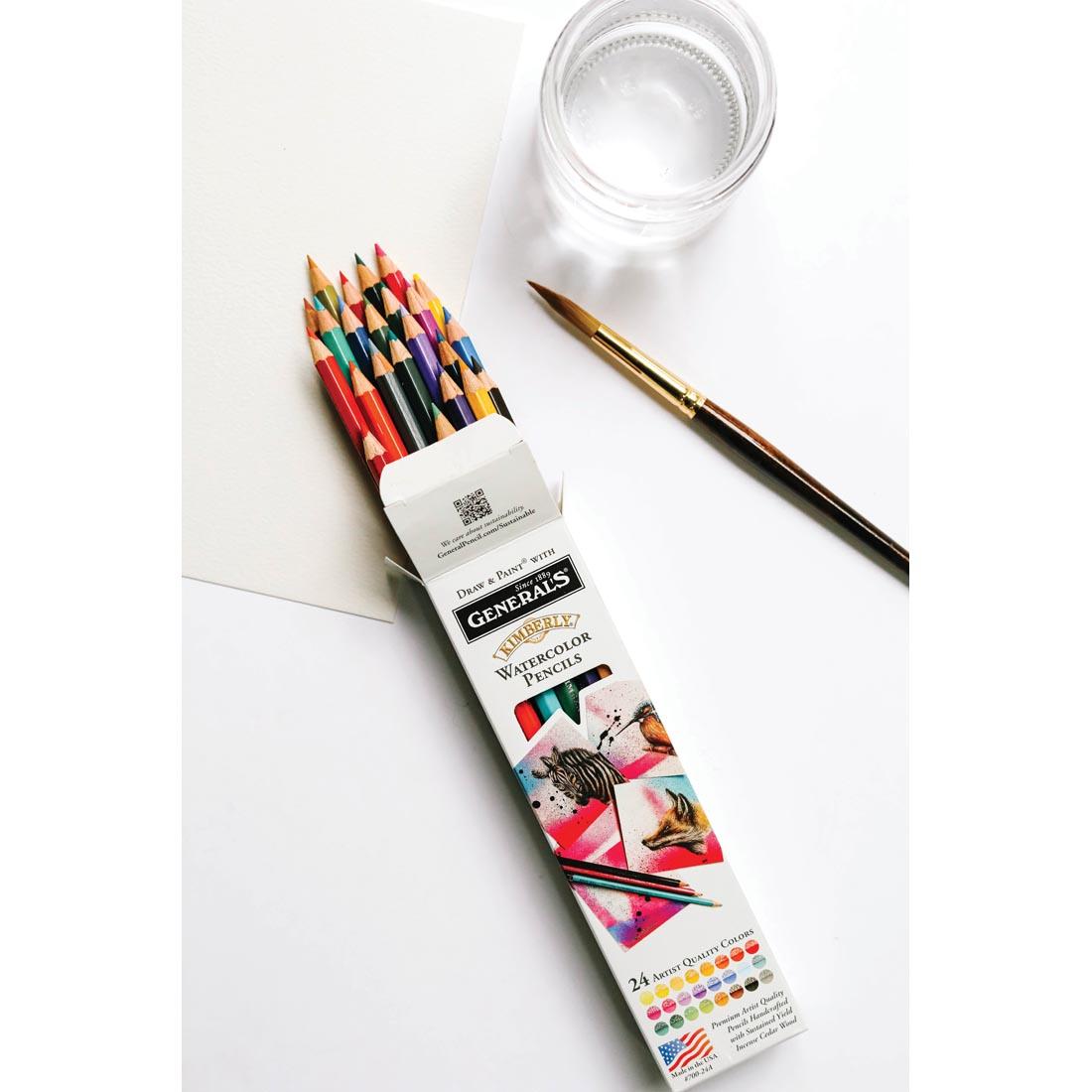 General's Kimberly Watercolor Pencils 24-Color Set, shown with brush and water cup