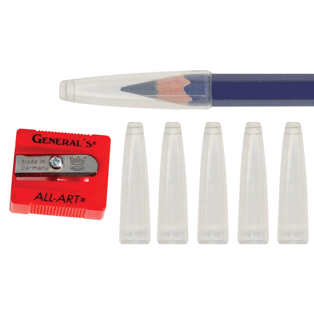 6 General's Sav-a-Point plastic protectors (one shown in use on a pencil) and one Little Red All-Art Sharpener