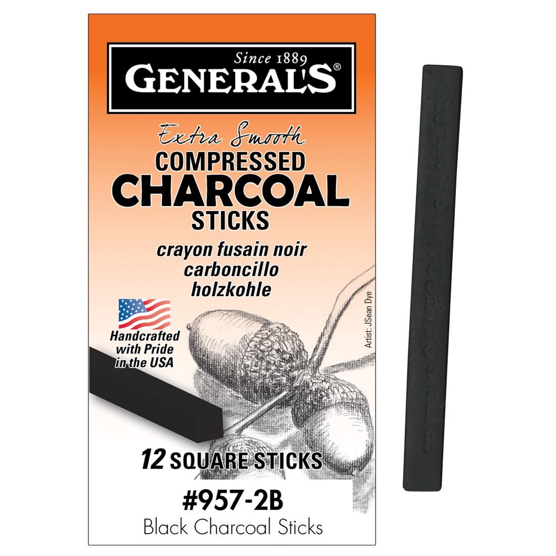 General's Compressed Charcoal Sticks 12-Count Box of 2B with a single one shown outside the box