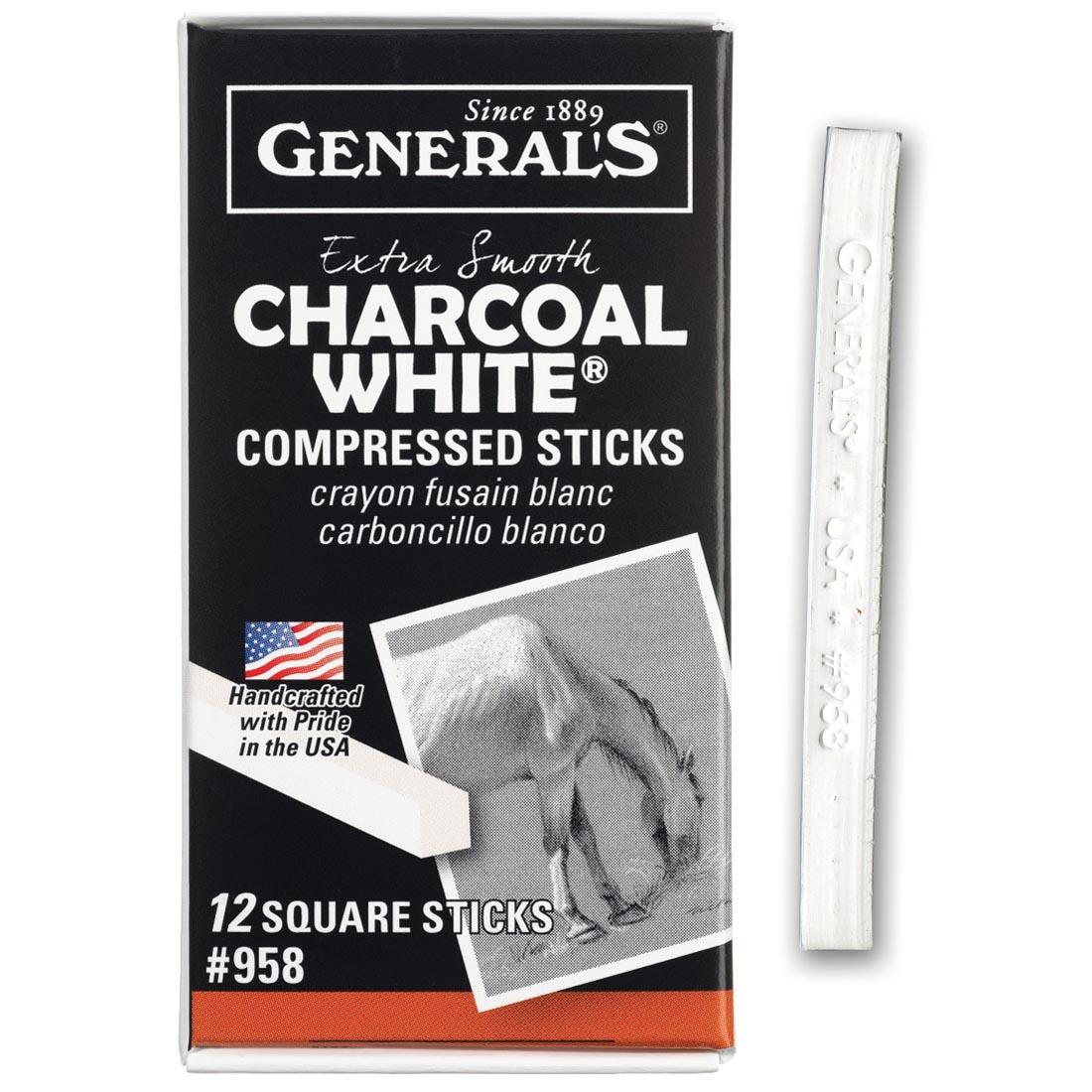 General's Charcoal White Compressed Sticks 12-Count Package with a single one shown outside the box