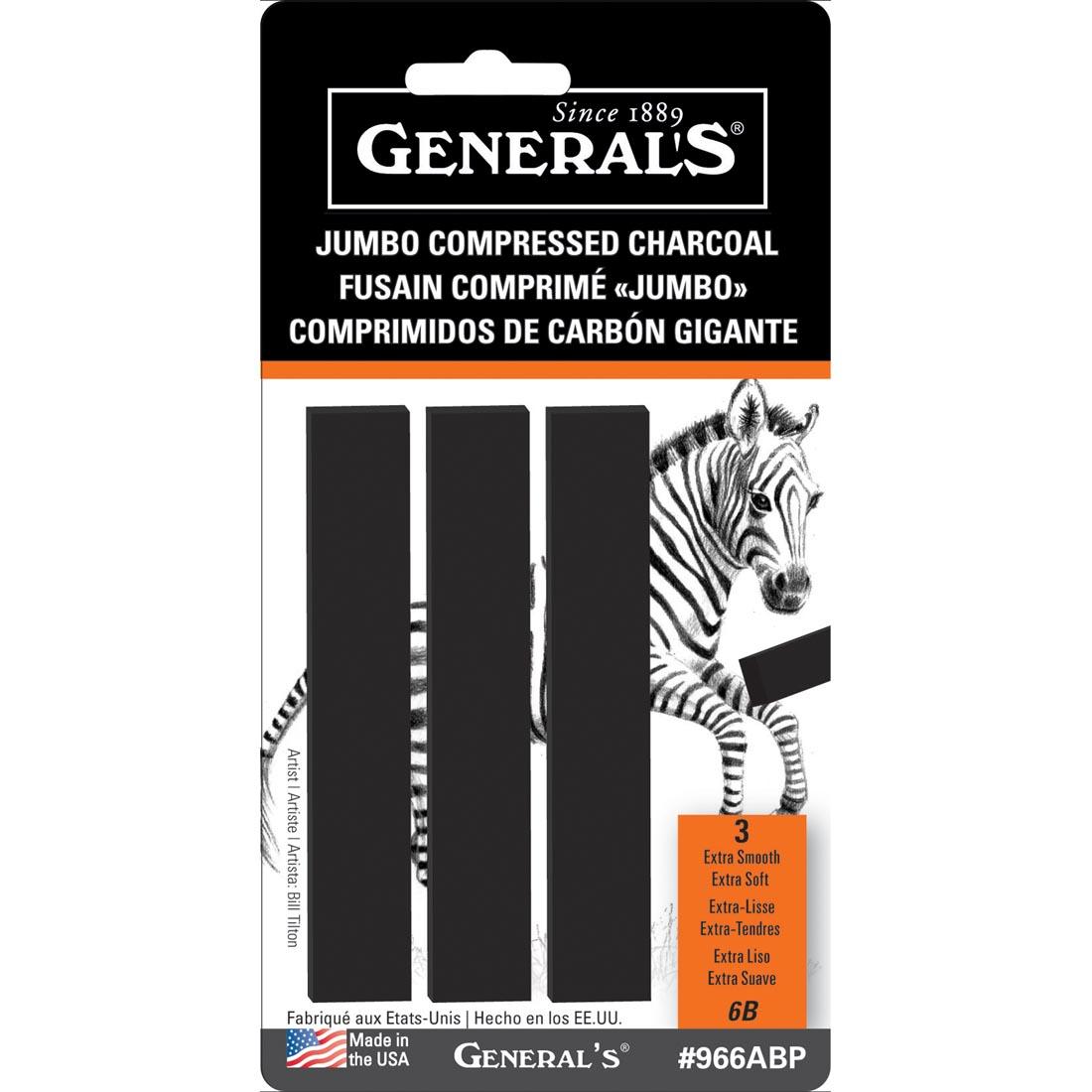 Package of 3 General's Jumbo Black 6B Compressed Charcoal Sticks
