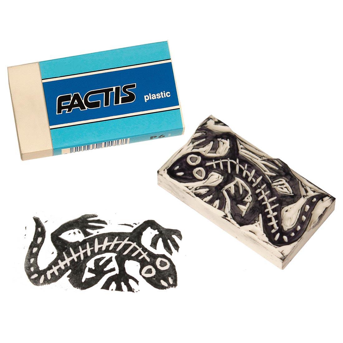 General's Factis Plastic Eraser and Carving Block shown in its package plus one shown carved & inked and the print it made