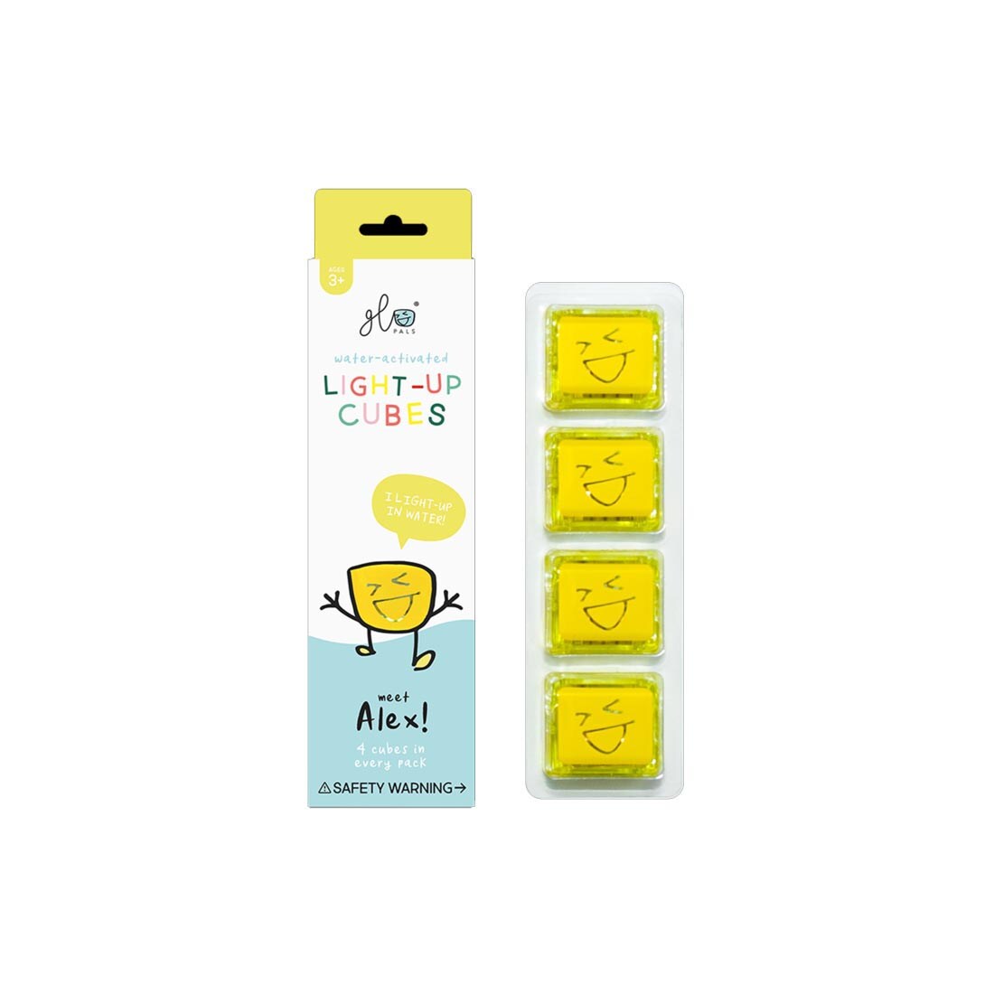 4 Alex Yellow Glo Pals Water-Activated Light Up Cubes beside their packaging