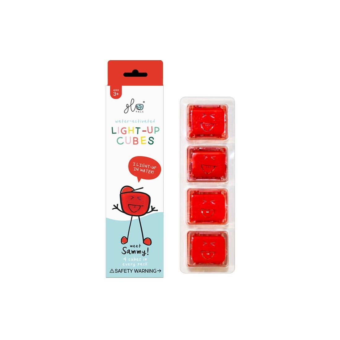 4 Sammy Red Glo Pals Water-Activated Light Up Cubes beside their package