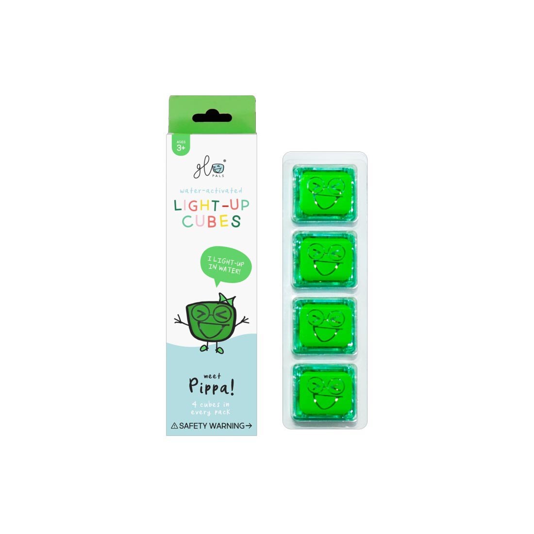 4 Pippa Green Glo Pals Water-Activated Light Up Cubes beside their package