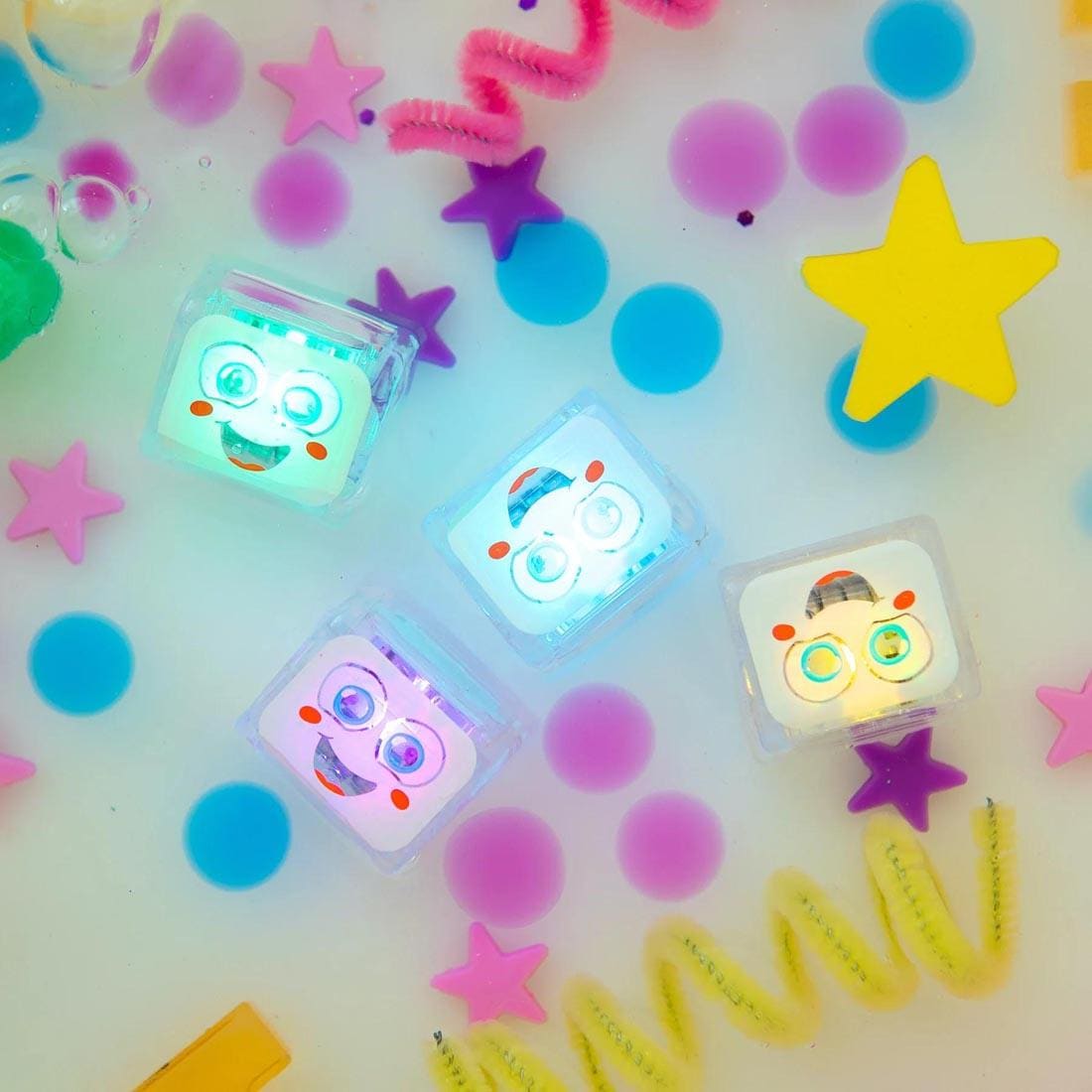 Party Pal Glo Pals Water-Activated Light-Up Cubes shown outside of package, plus package