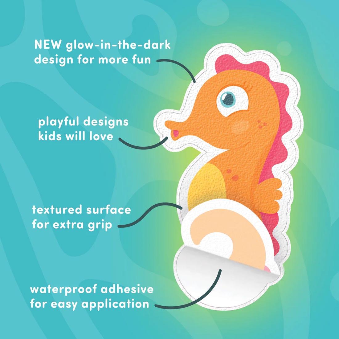seahorse from the Glow-In-The-Dark Guppy Grips Non-Slip Bathtub Stickies By Glo Pals labeled with all of its features