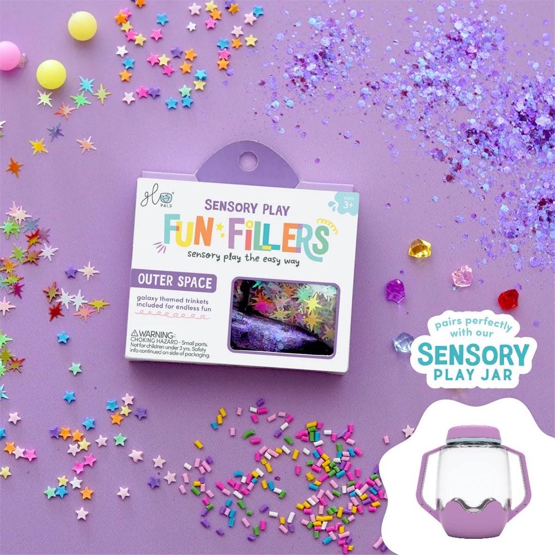 package and pieces from the Outer Space Sensory Play Fun Fillers By Glo Pals plus overlay image and text pairs perfectly with our Sensory Play Jar