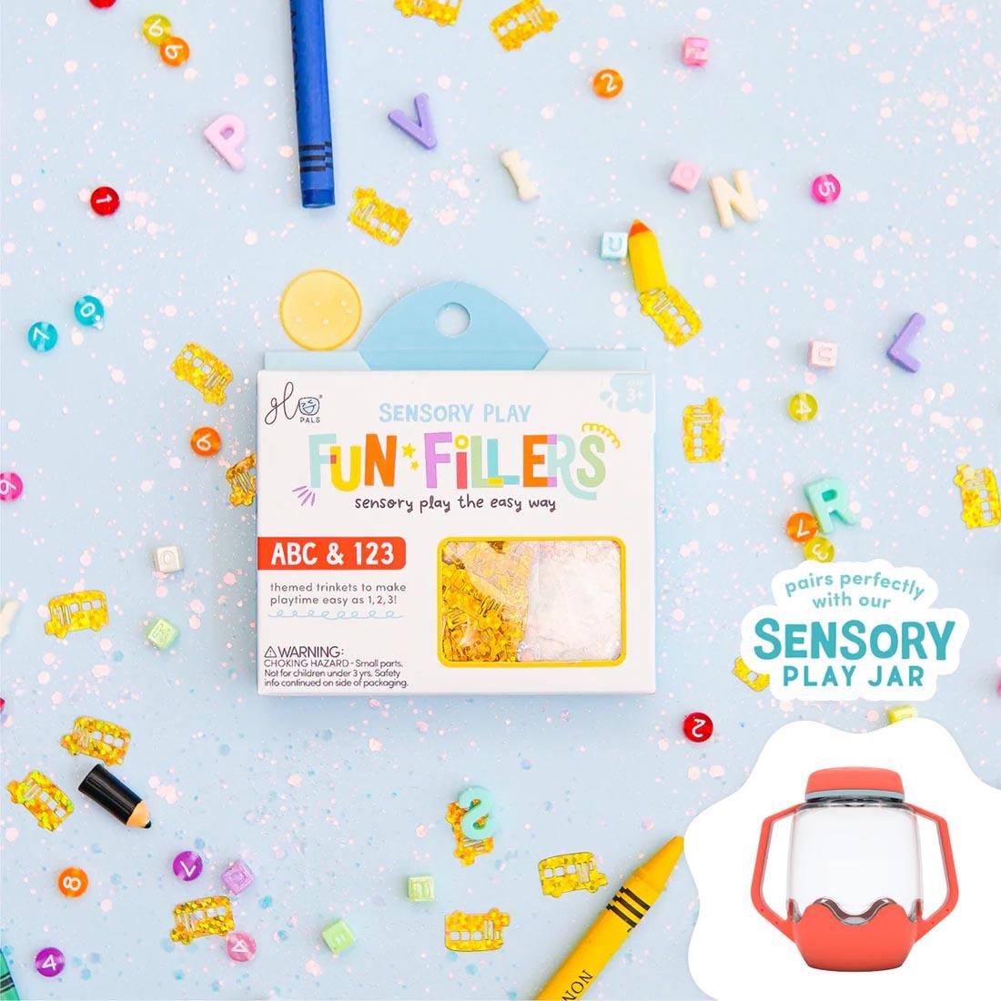 package and pieces from the ABC & 123 Sensory Play Fun Fillers By Glo Pals plus overlay image and text pairs perfectly with our Sensory Play Jar