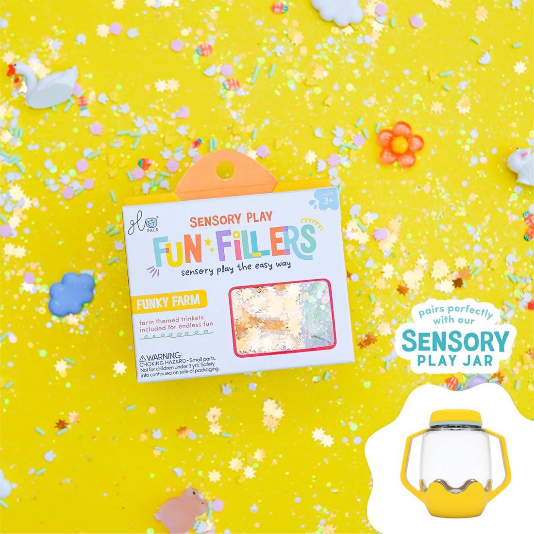 package and pieces from the Funky Farm Sensory Play Fun Fillers By Glo Pals plus overlay image and text pairs perfectly with our Sensory Play Jar