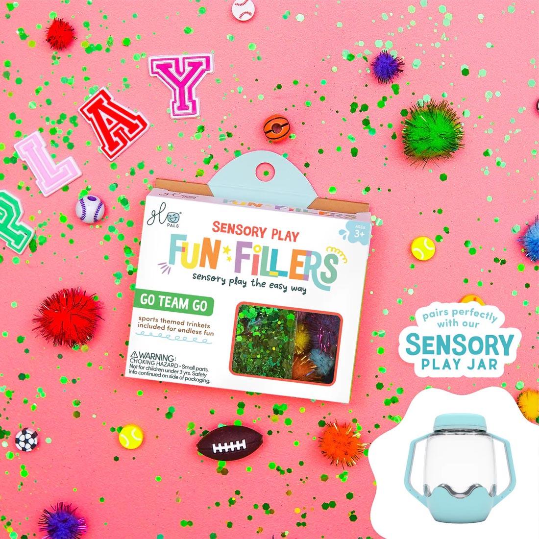 package and pieces from the Go Team Go Sensory Play Fun Fillers By Glo Pals plus overlay image and text pairs perfectly with our Sensory Play Jar