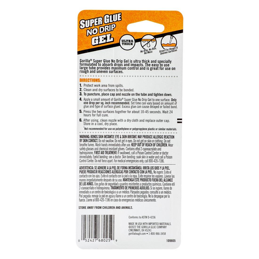 Back package of Gorilla Super Glue No Drip Gel