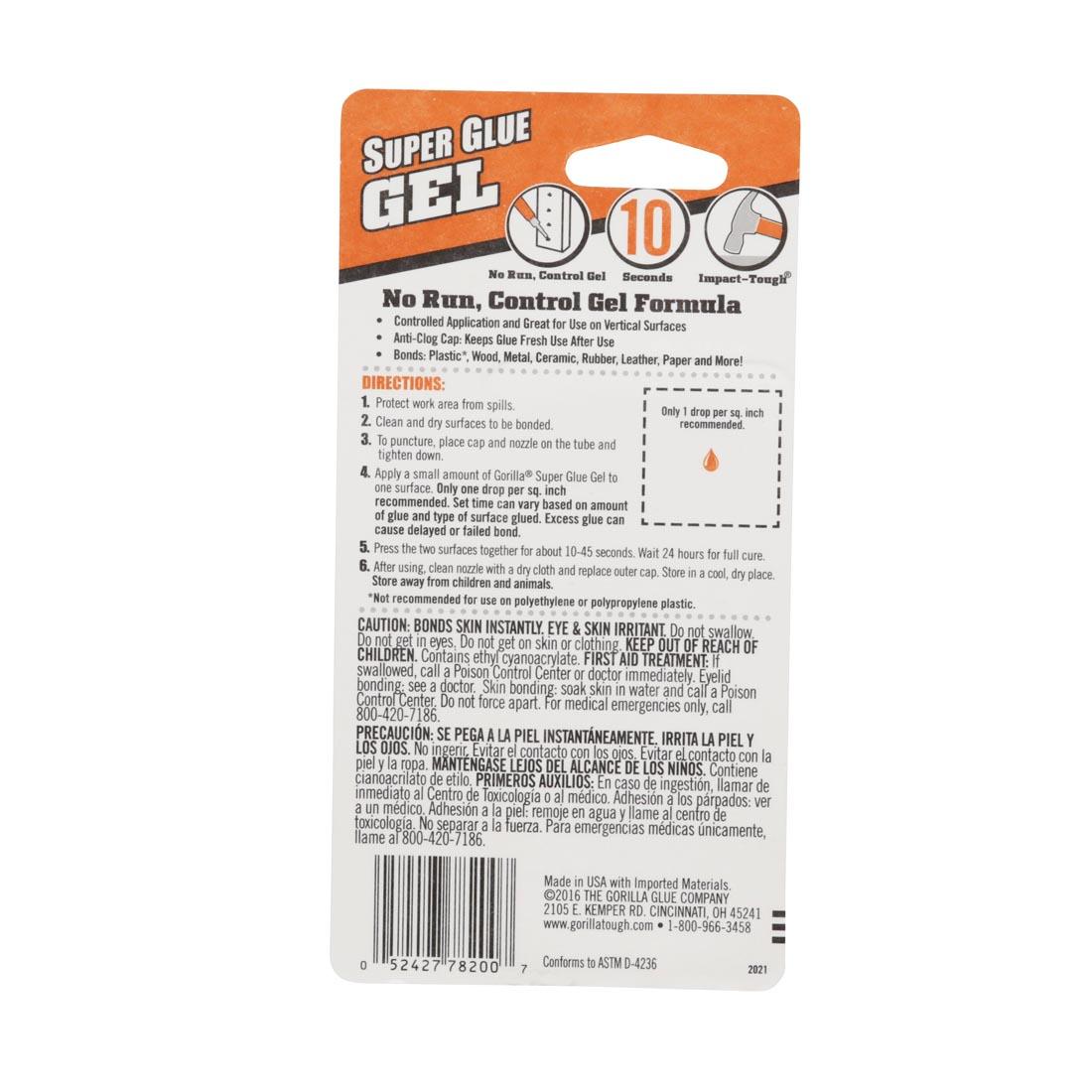 back of package of Gorilla Super Glue Gel Tubes