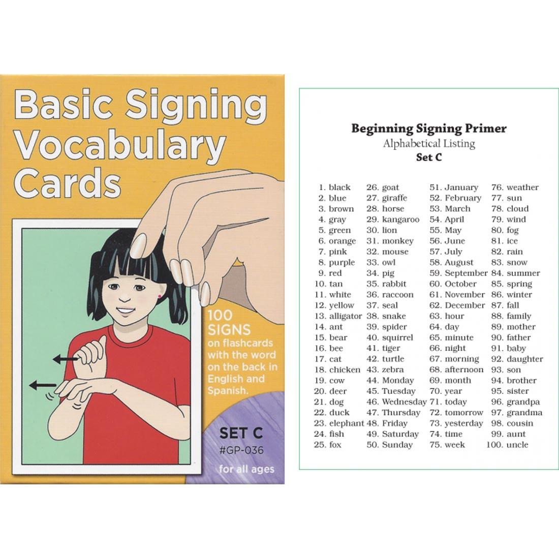 Box of Basic Signing Vocabulary Cards Set C with a sample card beside it