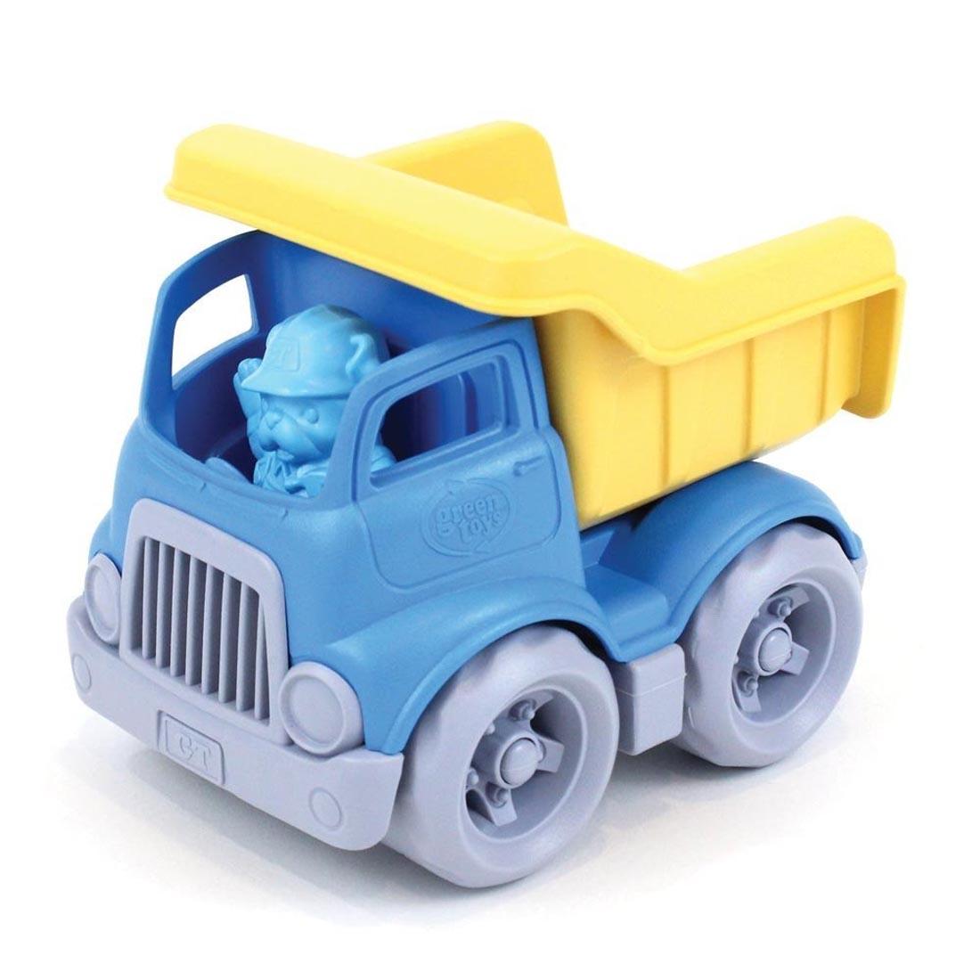 blue and yellow recycled plastic Green Toys Dumper Truck and driver