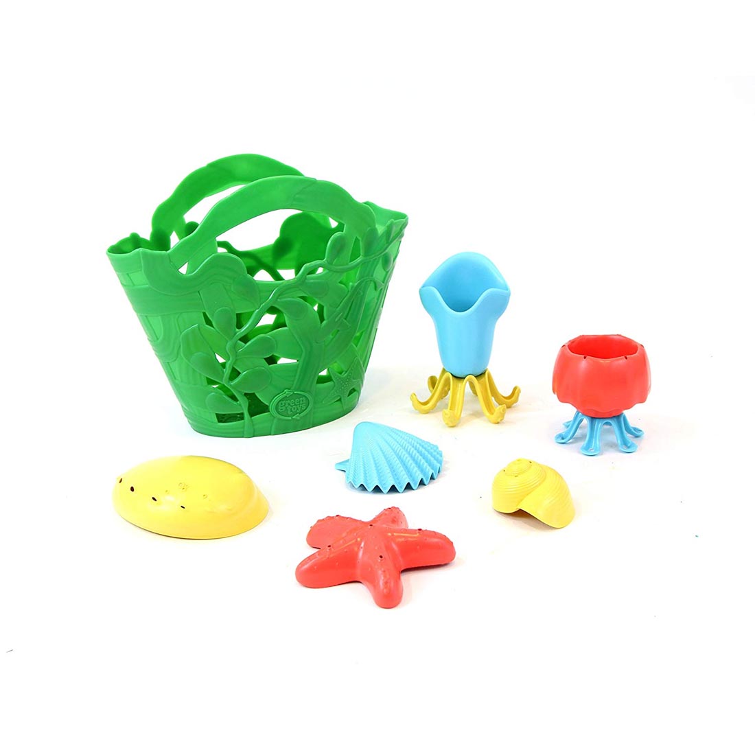 Tide Pool Bath Set includes green plastic basket, starfish, scallop, abalone, snail, squid, and jellyfish