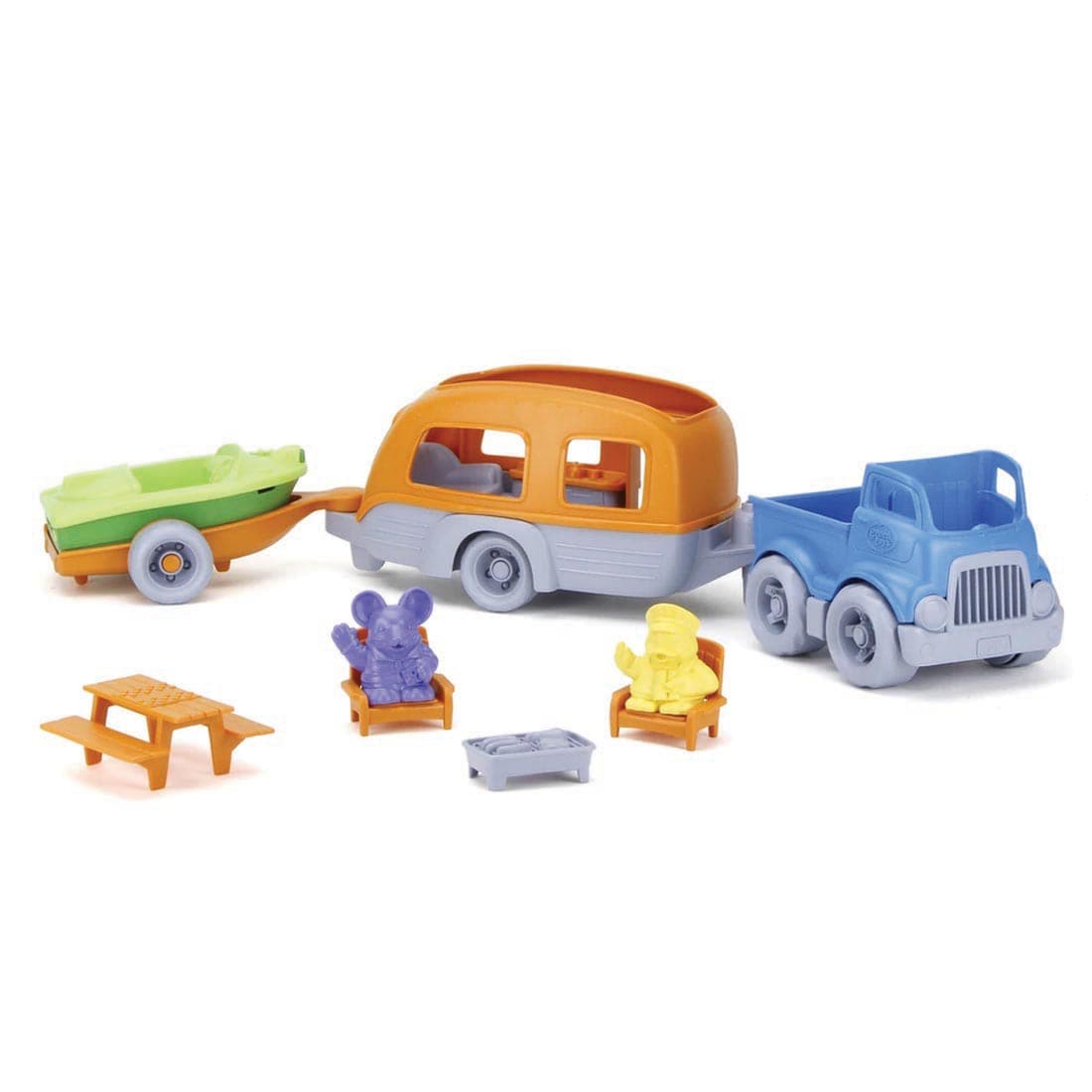 Green Toys RV Camper Set includes a truck, camper, boat on a trailer, two characters on camp chairs, picnic table and grill