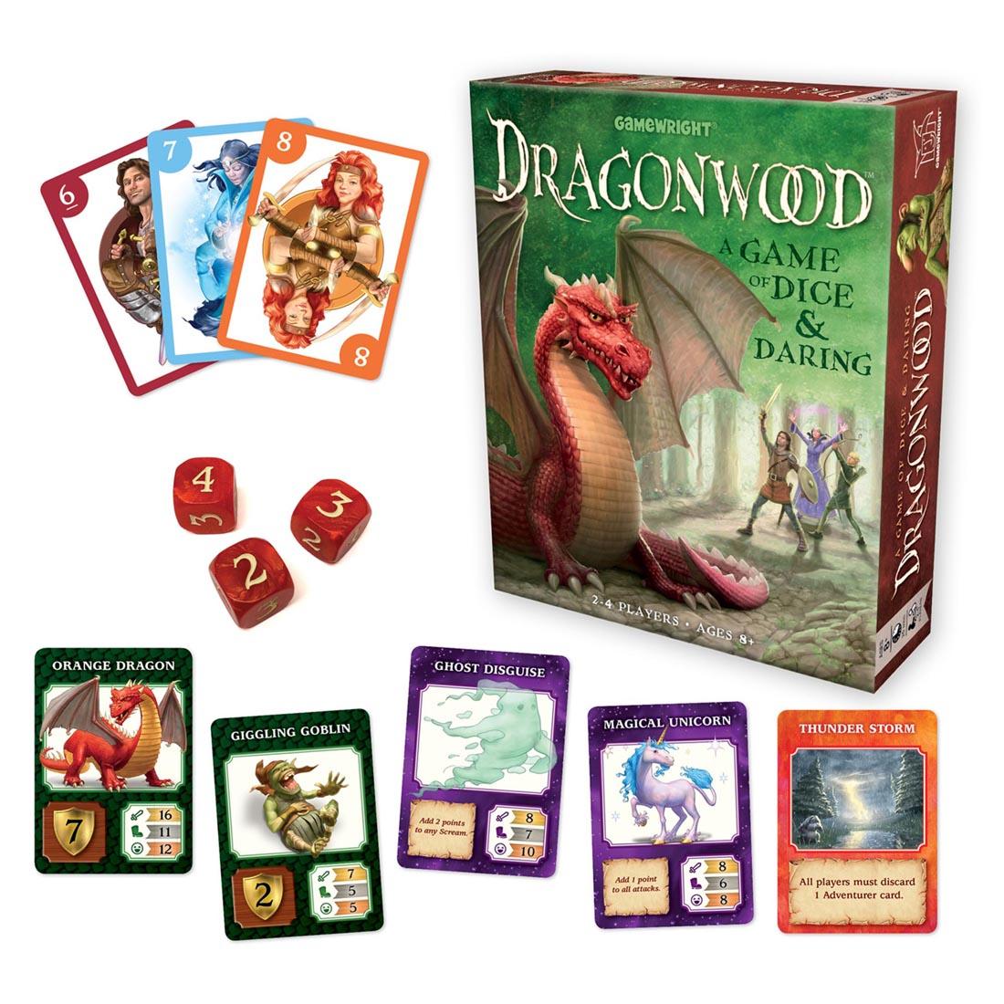 cards and dice next to the box for Dragonwood Game