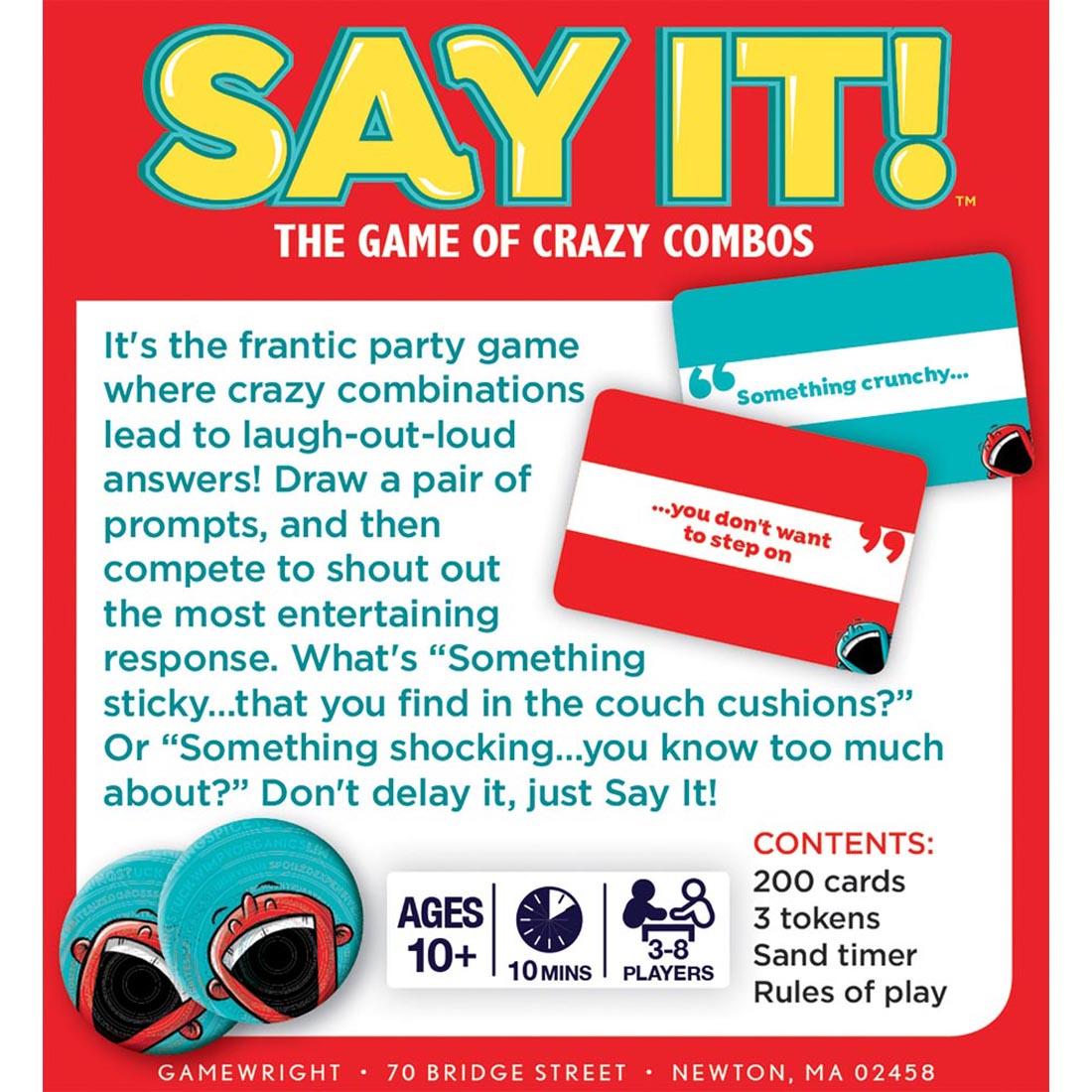 back of package of Say It! The Game Of Crazy Combos