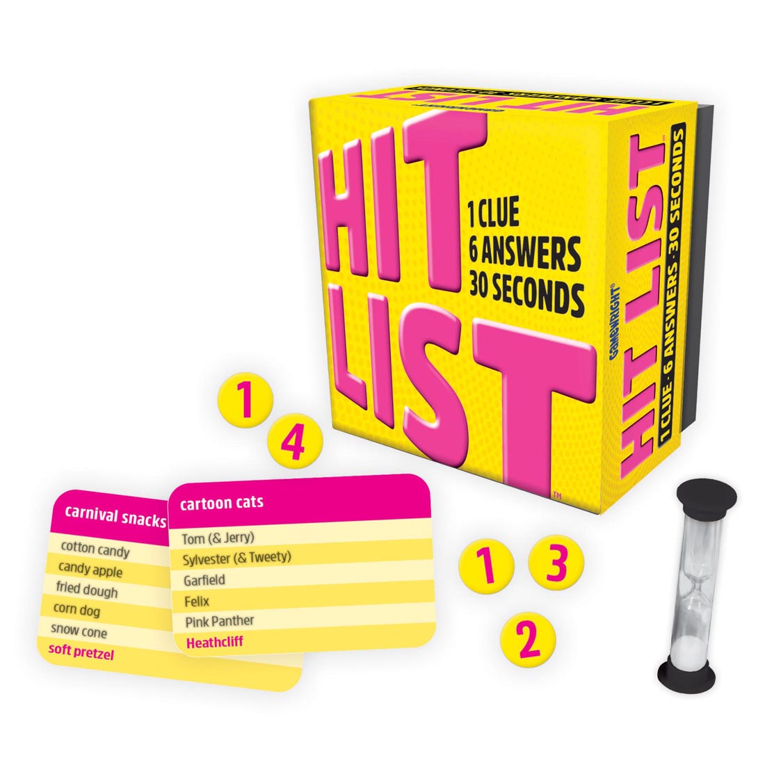 Hit List Party Game box plus 2 cards, 5 tokens and sand timer