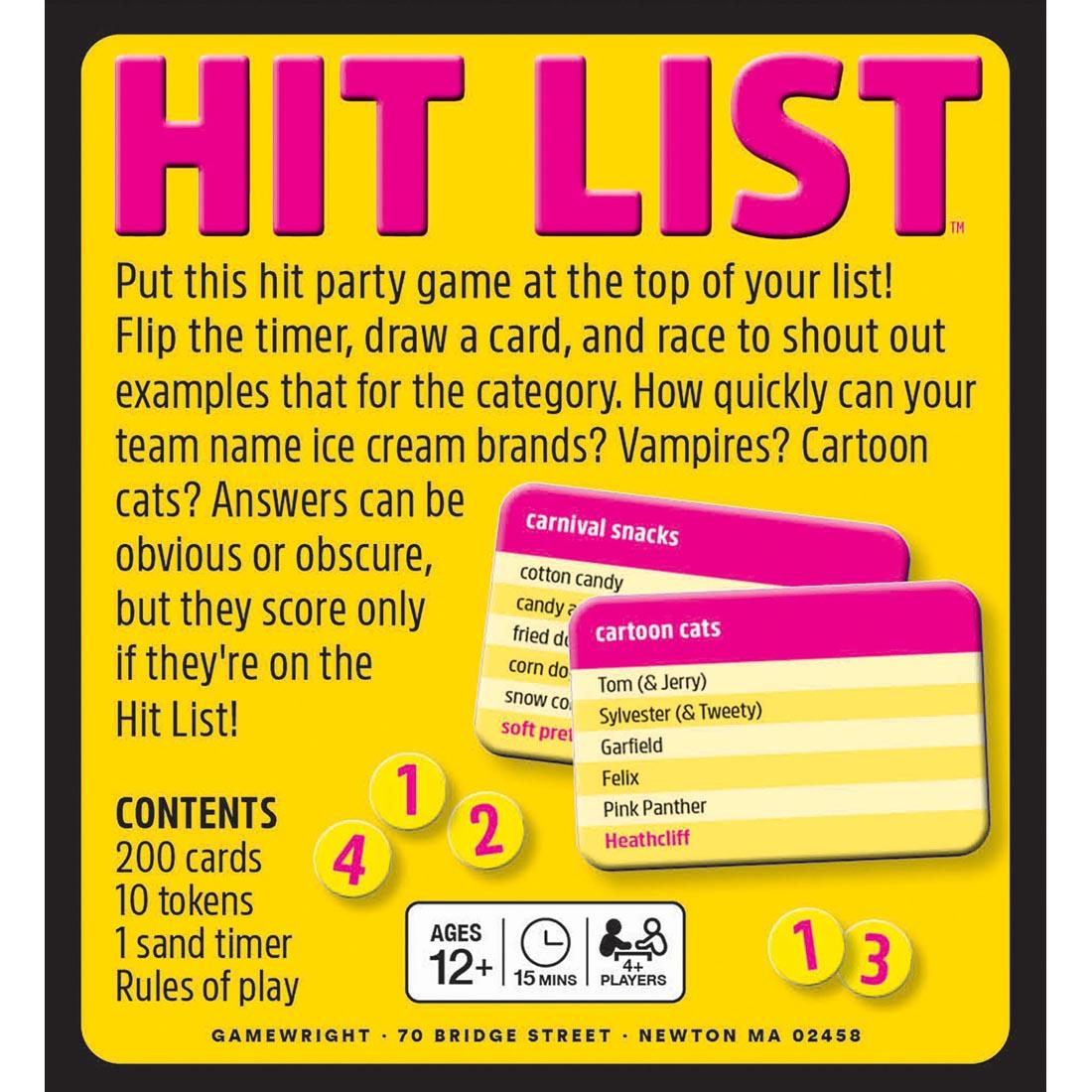 back of package of Hit List Party Game