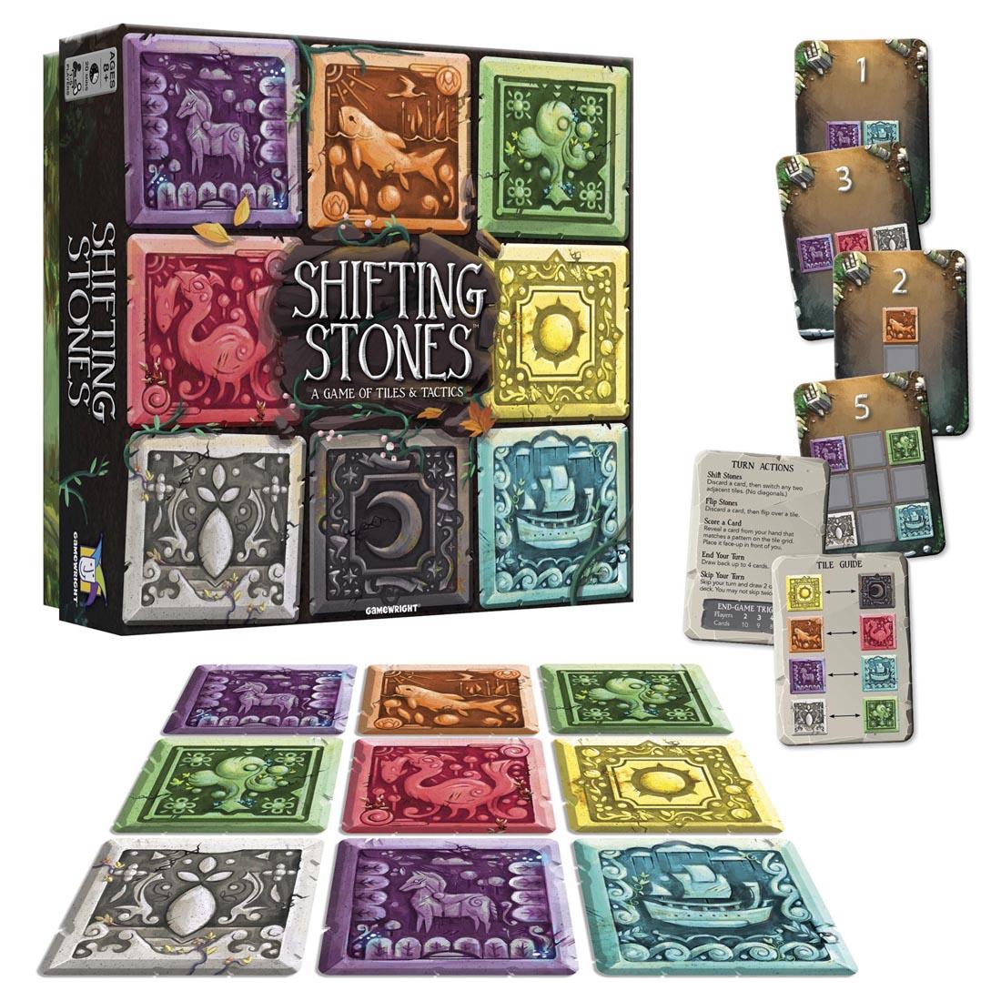 cards and tiles next to the box for Shifting Stones Game
