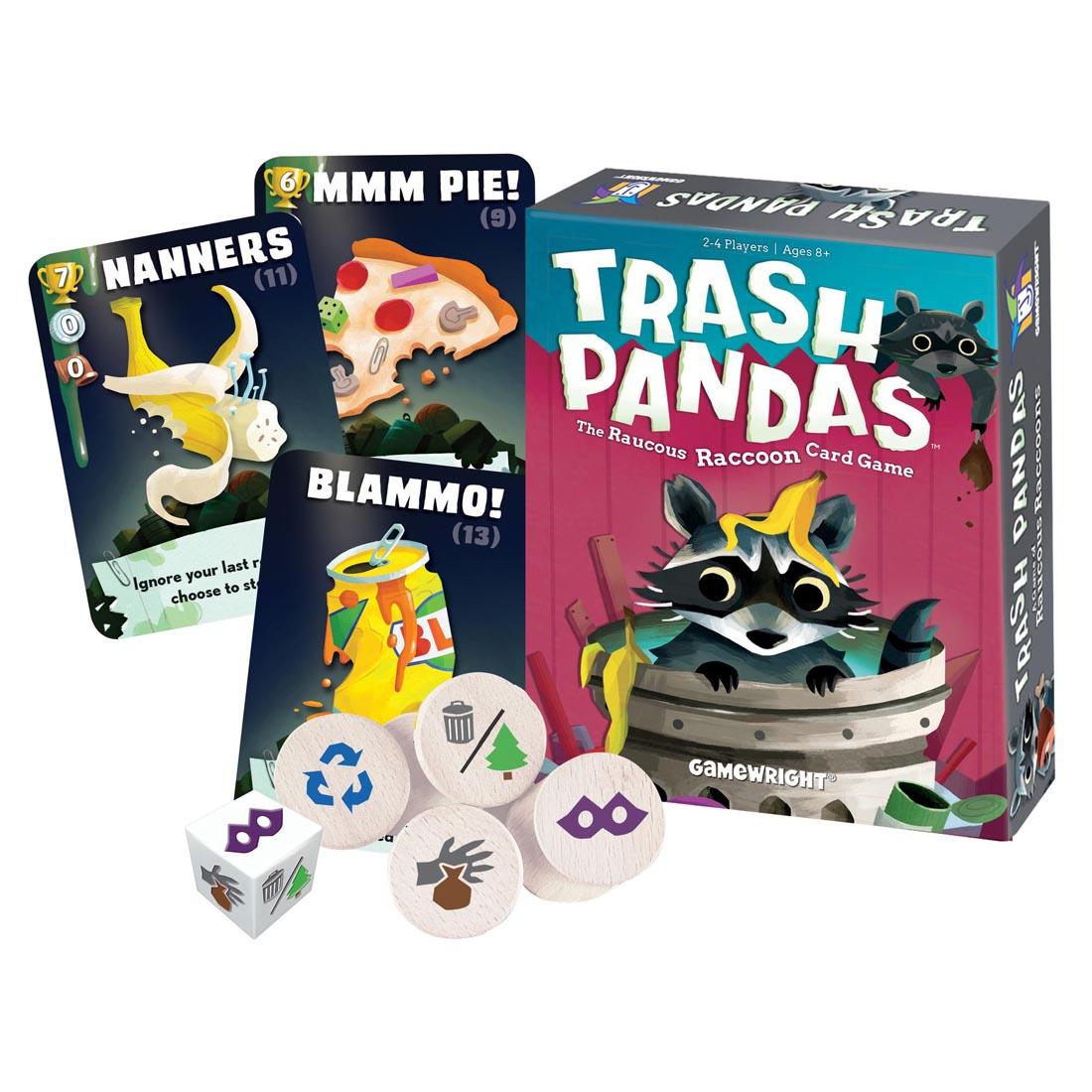 package of Trash Pandas Card Game plus some cards, tokens and die