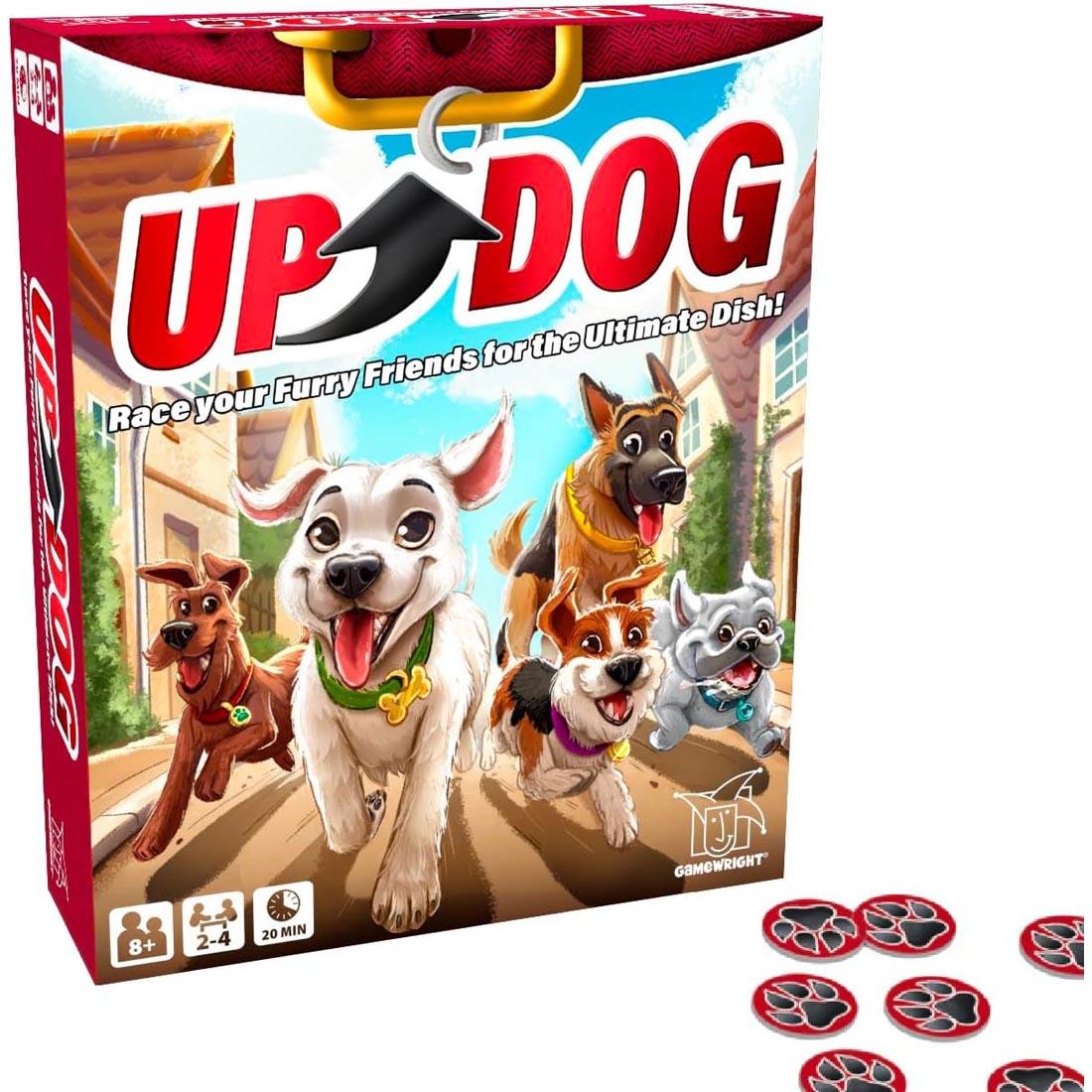 box for Up Dog Card Game plus paw tokens