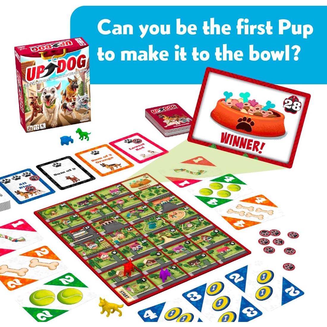 box and pieces for Up Dog Card Game with text Can you be the first Pup to make it to the bowl?