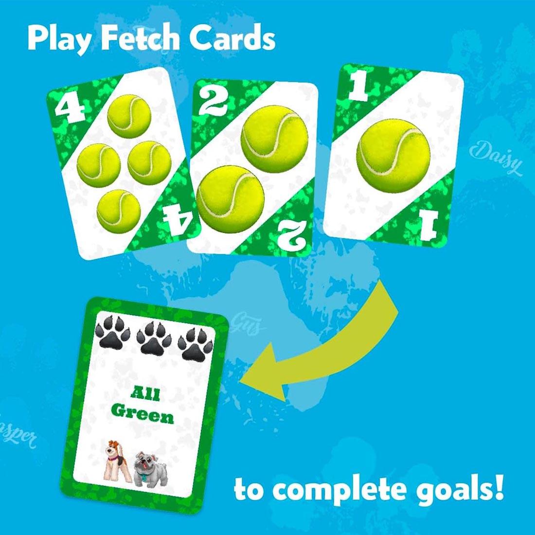 cards from Up Dog Card Game plus text Play Fetch Cards to complete goals!