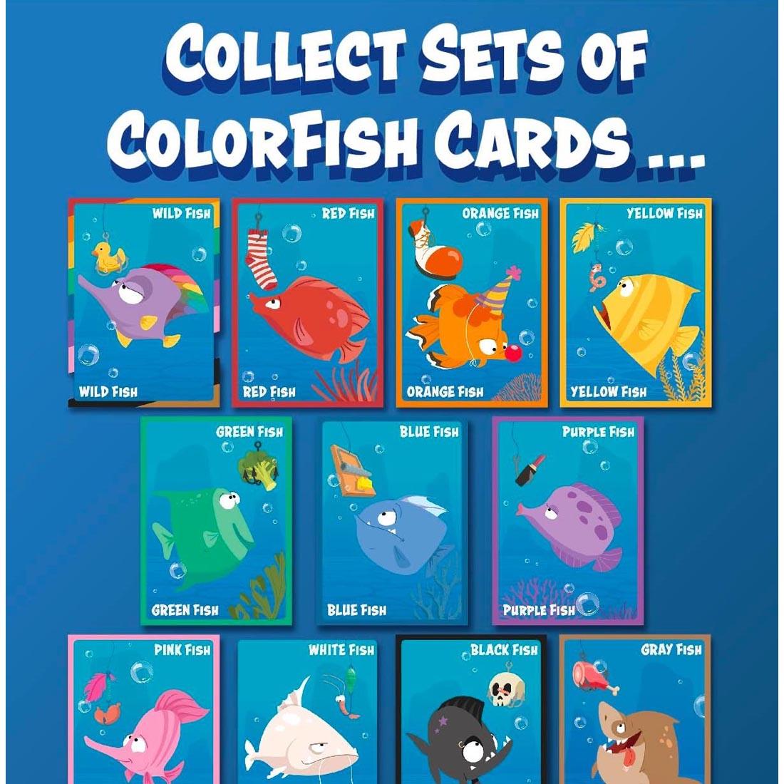 cards from Throw Fish Card Game plus text Collect Sets of Colorfish Cards...