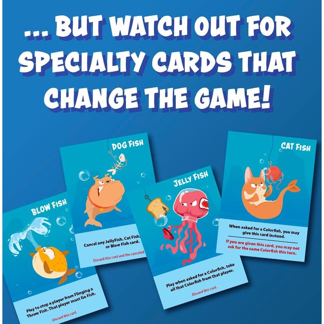 cards from Throw Fish Card Game plus text ...But Watch Out For Specialty Cards That Change the Game!