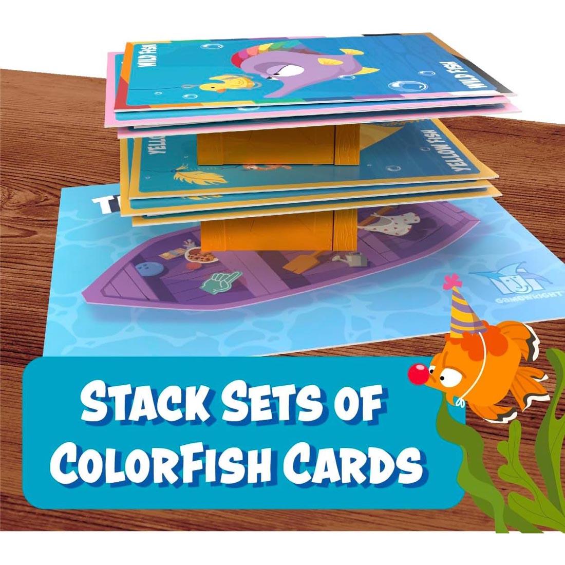 stack of cards and crates from Throw Fish Card Game plus text Stack Sets of Colorfish Cards