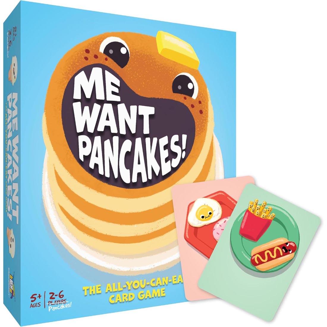 box and 2 cards from the Me Want Pancakes Card Game
