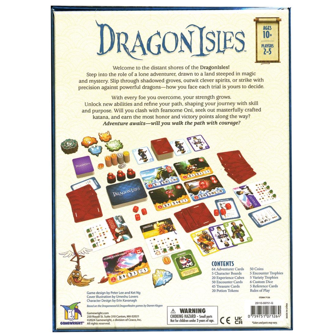 Back of box of Dragon Isles Game, showing contents