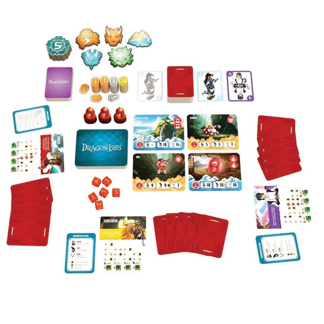 Sample game play of Dragon Isles Game, showing various cards, cubes, trophies and moe