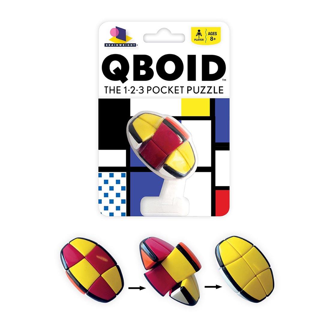 QBOID Pocket Puzzle in package, plus shown in 3 different stages of solving