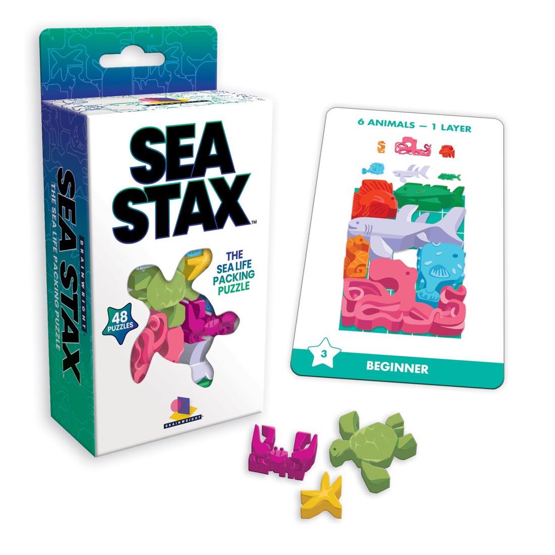 Sea Stax Puzzle Game package beside a challenge card example and three pieces