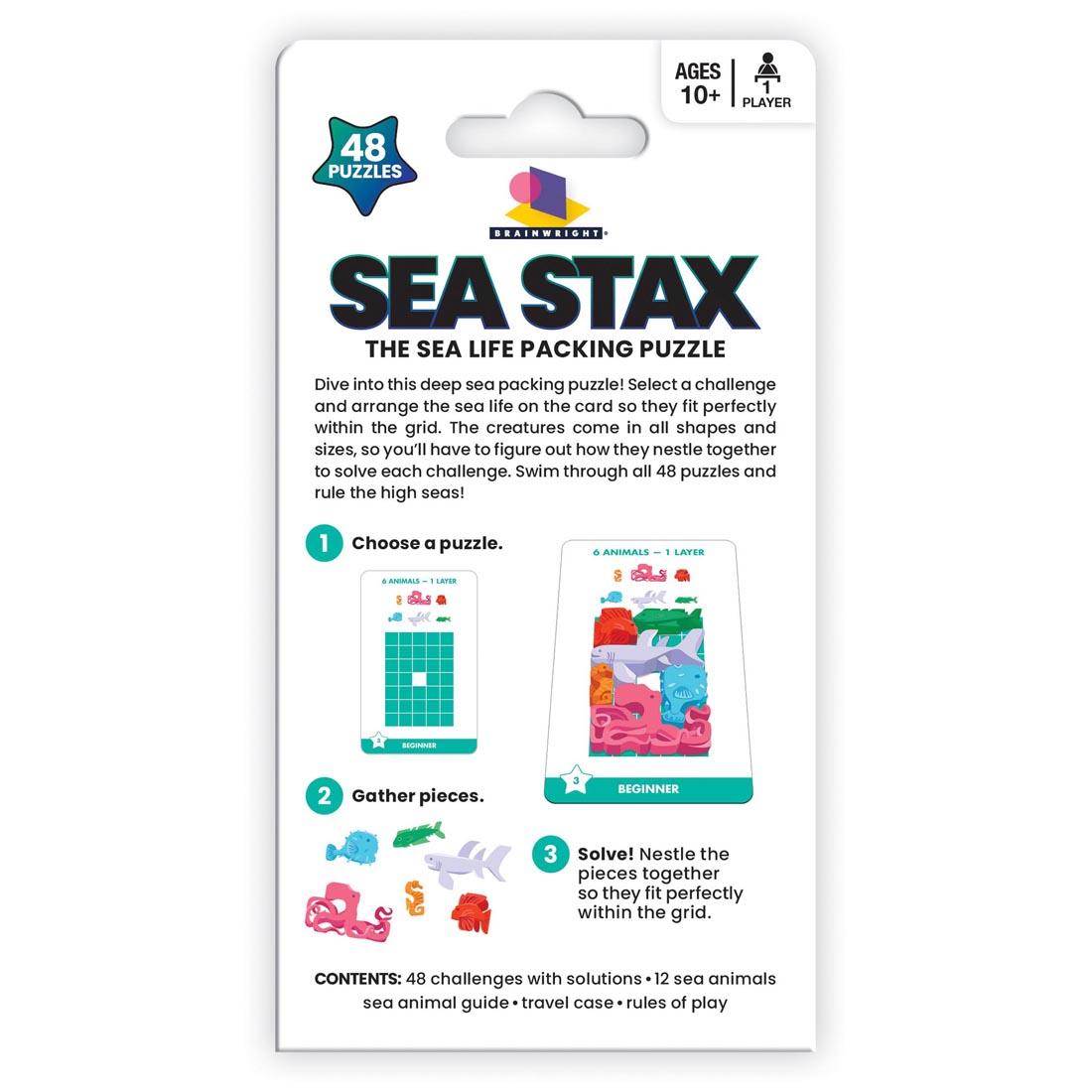 back of package of Sea Stax Puzzle Game