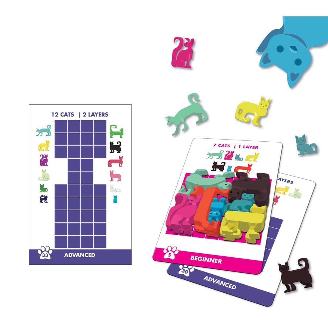 Sample challenge cards and playing pieces from Cat Stax Puzzle Game